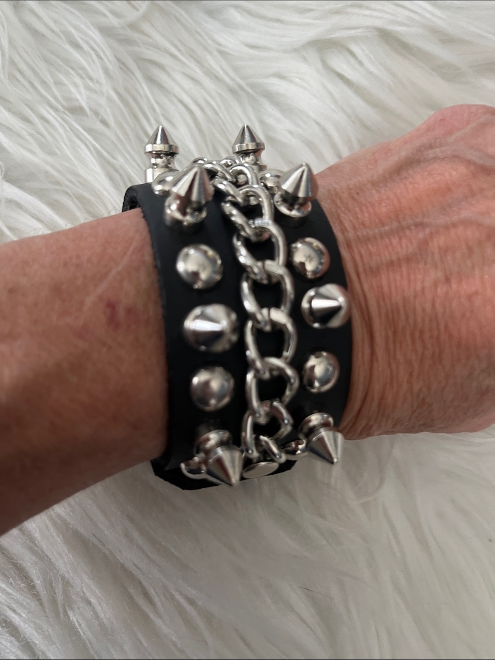 Black Studded Spike Chain Leather Bracelet - Unbranded